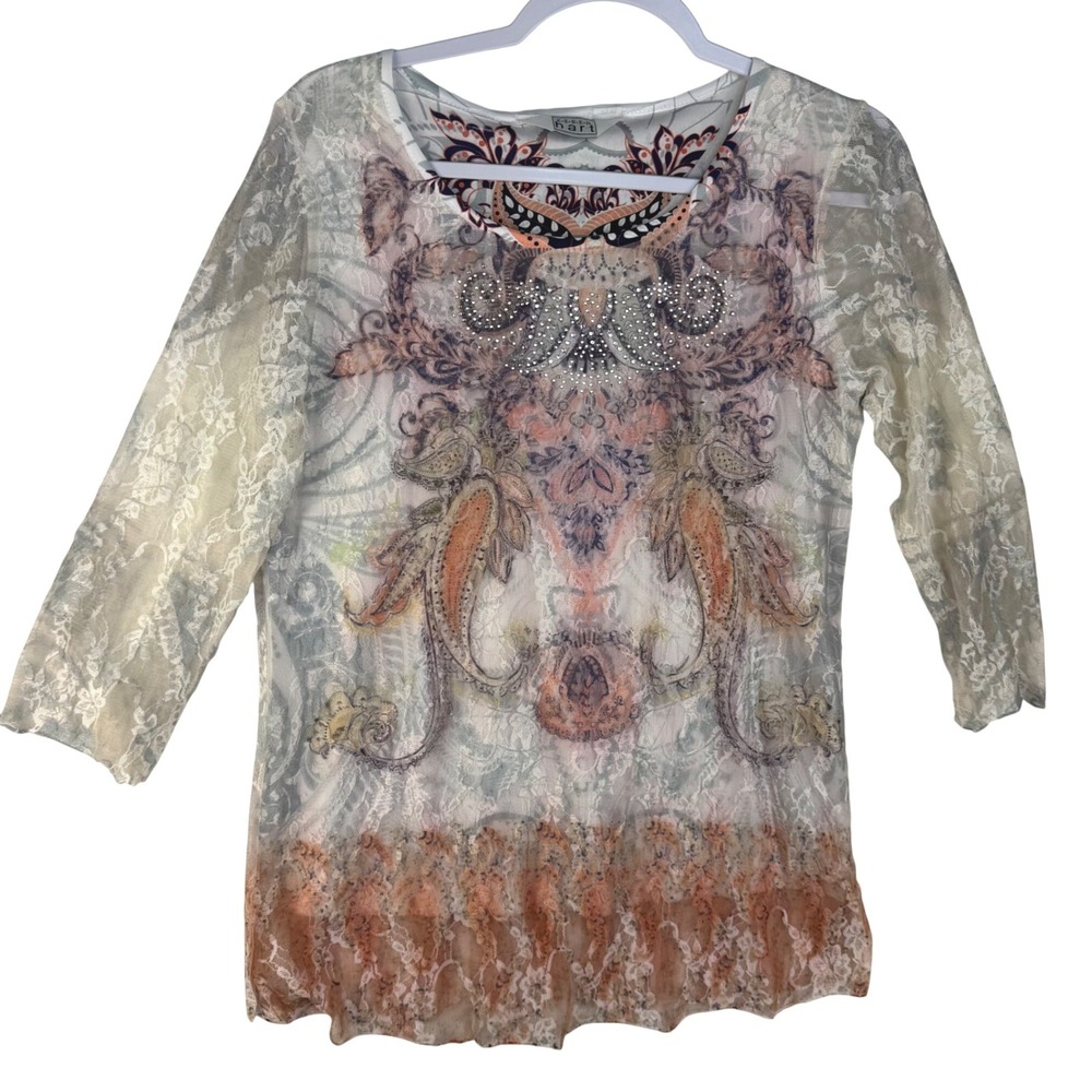 Keren Hart Womens Mesh Paisley Lace Top Rhinestone 3/4 Sleeve Multicolor M 3-19‎